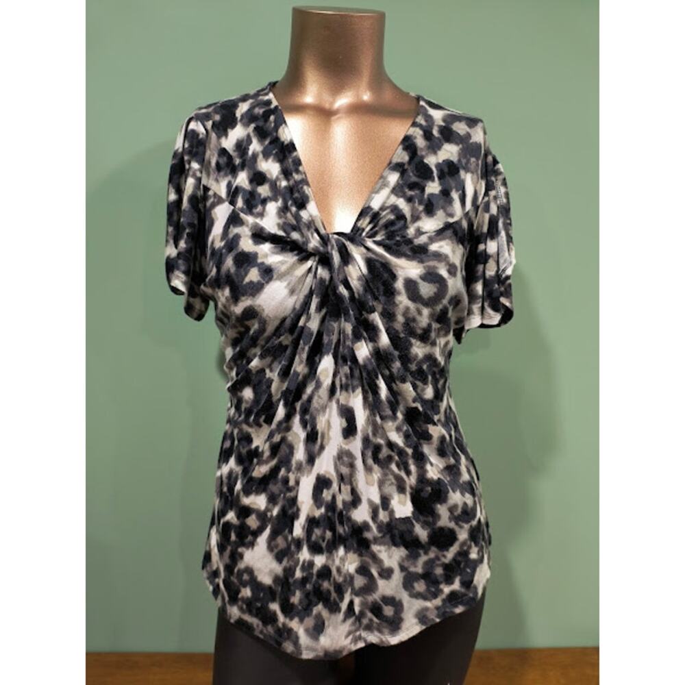 Fever Animal Print Twist Neck Top - Black, Gray, White - S